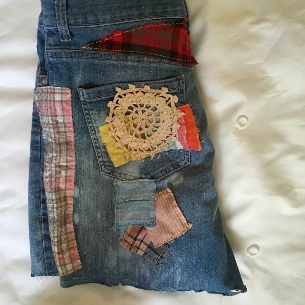 Upcycled Reworked Patchwork Denim Shorts Size 12 - Picture 6 of 14